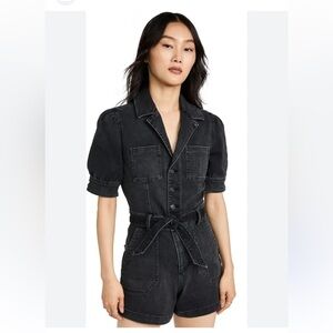 PAIGE Mayslie black denim, romper, puff sleeves button down with belt 4